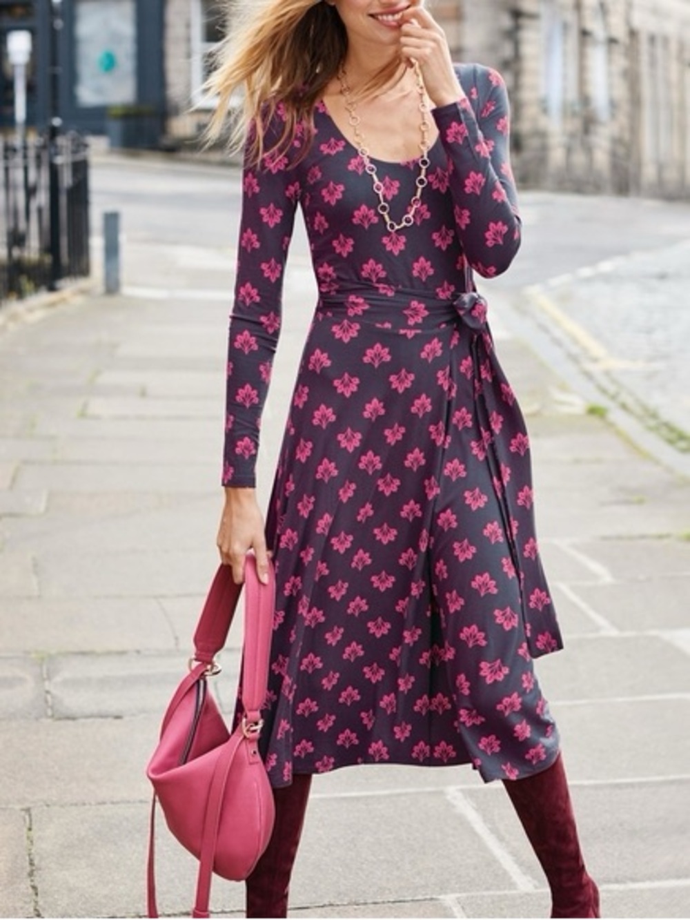 Boden Silvia elderberry Midi Wrap Dress with Pink Floral Print